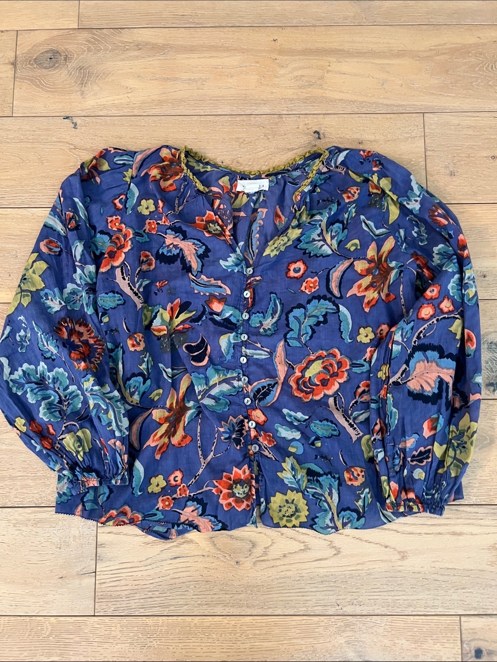 Velvet Blue Floral Button-Front Blouse